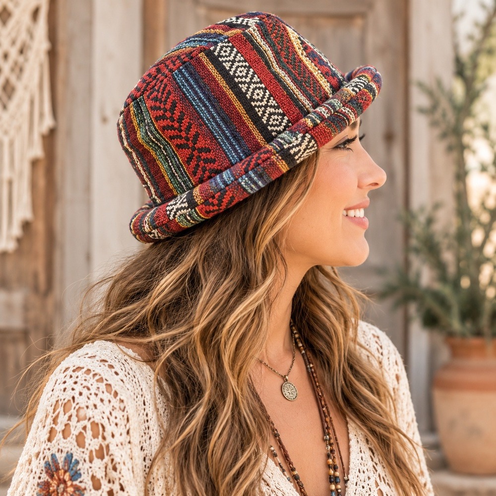 Woven Tapestry Bucket Hat Multi Color Geometric Boho Cotton Sun Hat XL